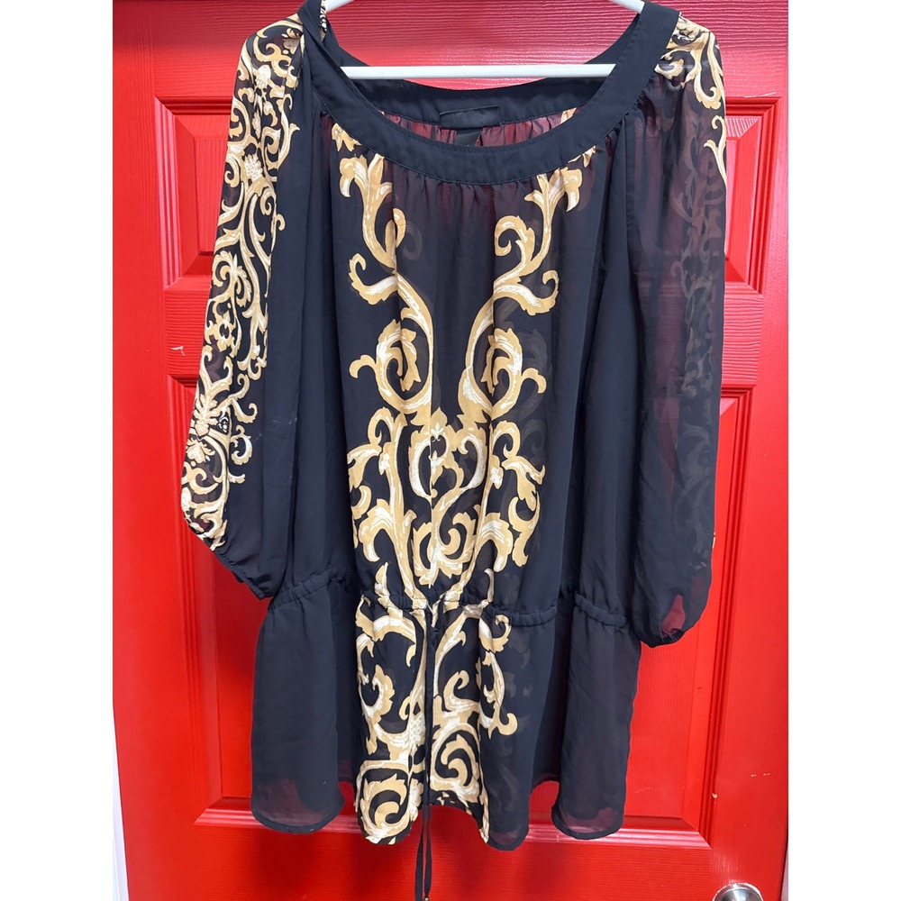 Lane Bryant Black Gold Baroque Scroll Sheer Chiffon Tunic Top 26/28